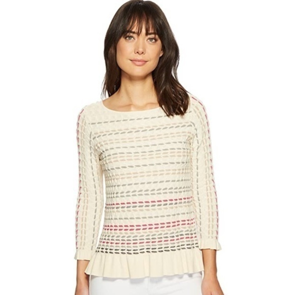 NIC + ZOE Cotton Blend Cream Beige Striped Saffron Stitch Sweater Knit Top